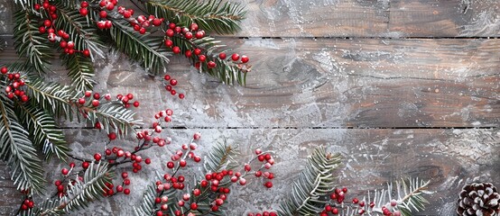 Canvas Print - A wooden background with red berries and snow