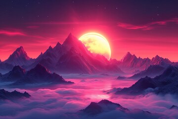 Poster - Beautiful pink and purple sky with a large moon. The sky is filled with clouds and the mountains are in the background