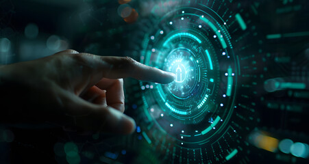 Poster - Biometric identity fingerprint scanner for personal financial access, digital application security, and cyber security concept design