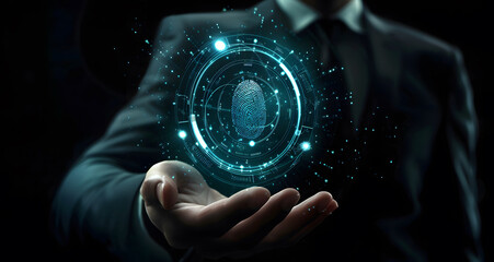 Poster - Biometric identity fingerprint scanner for personal financial access, digital application security, and cyber security concept design