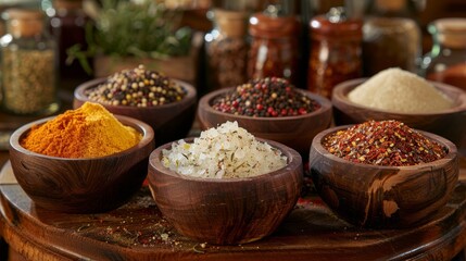 Poster - Assortment of seasonings on wooden bowls on dining table