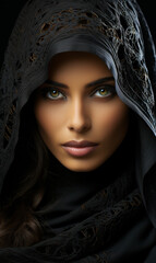 Wall Mural - Arab female photo model close-up portrait of her face, creative burqa clothing.