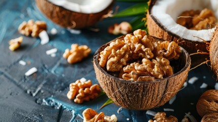 Wall Mural - Nutritious walnuts and coconut bowls on eco friendly background for busy individuals