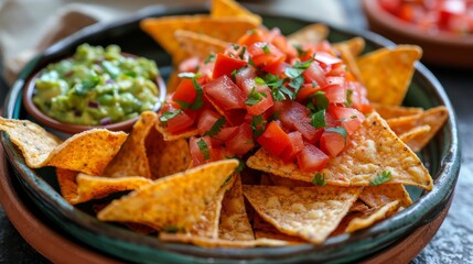 Wall Mural - Close-up of crispy tortilla chips with pico de gallo and guacamole