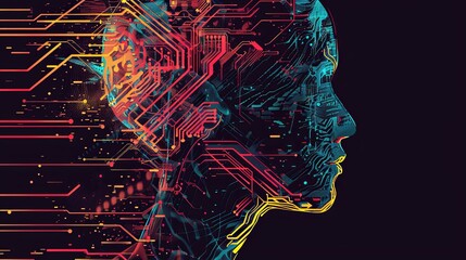 Abstract artwork of human head silhouette with circuit board design