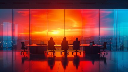 Poster - three silhouettes sitting at a conference table with a city sunset view