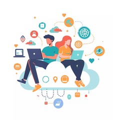 Poster - Flat illustration of a man and woman sitting on a cloud with security icons, a laptop computer, and data flow in the background against a white flat color background.