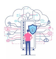 Fototapete - Flat illustration of data protection with shield and padlock, a man holding a tablet in front of a cloud server, tech symbols around, white background