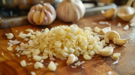 Poster - Chopped garlic on a wooden cutting board