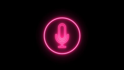 Pink color neon line microphone icon on black background. Neon illuminated voice recording microphone button icon. Neon radio wave microphone sign.