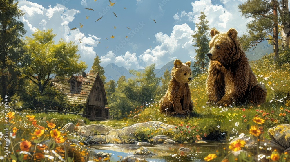 bear in the autumn A brown bear cub is learning how to live. Sit and ...