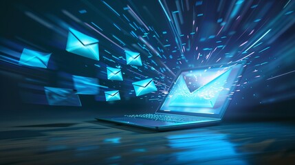 Aufkleber - Digital communication concept with a laptop and flying emails representing fast information transfer. 