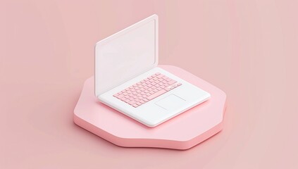 Wall Mural - Laptop on Pink Platform with Pastel Color Scheme