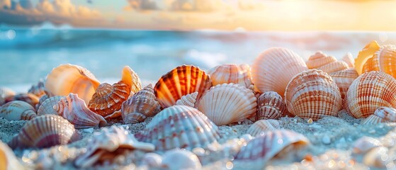 Wall Mural - Colorful shells on sand beach close-up, summer celebration concept