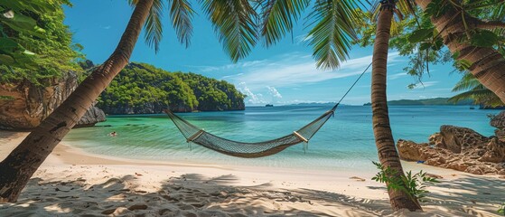 Wall Mural - a hammock hanging between two palm trees on a tropical beach with clear blue water and a sandy shore with a rock formation in the background 