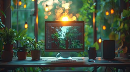 Poster - A Cozy Home Office Workspace With Plants and String Lights
