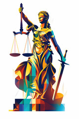 Colorful illustration of lady justice holding scales and a sword, symbolizing justice, law, and fairness