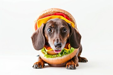 Canvas Print - A dog is wearing a hamburger and a hot dog costume