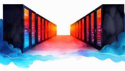Wall Mural - A computer server room with a blue and red background