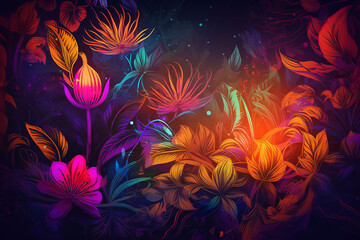 Wall Mural - fantasy flowers in red, orange, blue colours on dark background