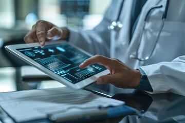 Poster - A doctor is using a tablet to look at a patient's medical records