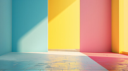Poster - Colorful background with colorful walls and floor. Pink, blue and yellow colors, empty room interior design in a close up style.