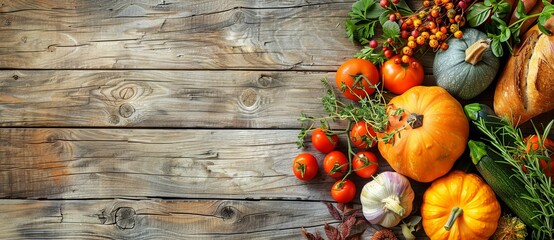 Wall Mural - A wooden table with a variety of vegetables including tomatoes, squash