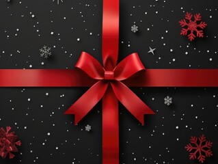 Poster - Red Ribbon on Black Background with Snowflakes