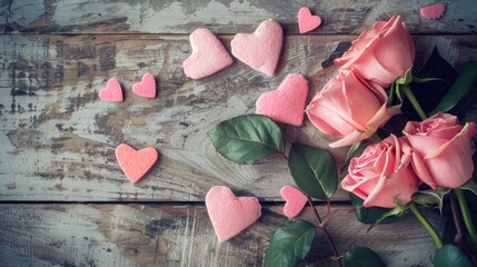 Poster - Valentine s Day theme with pink roses and toy hearts on wooden surface