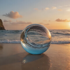 a glass ball on the beach with a sunset in the background