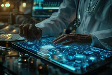 Wall Mural - A doctor is using a tablet to look at a patient's medical records