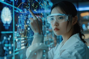 Poster - A woman wearing a white lab coat is pointing at a computer screen with a finger