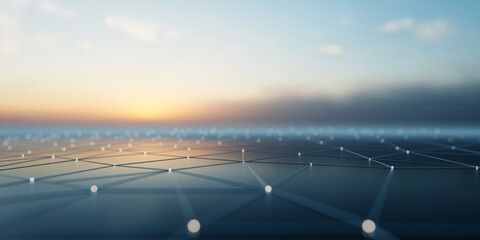 Canvas Print - Minimalist digital network grid with glowing nodes at sunrise, symbolizing connectivity and technology