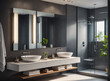 © chick_david - A minimalist bathroom with a floating vanity, vessel sinks, and a frameless glass shower enclosure.