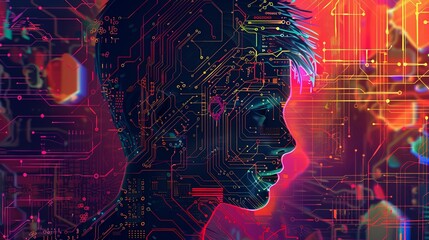 Wall Mural - Abstract artwork of human head silhouette with circuit board design