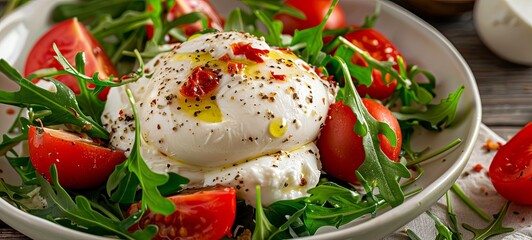 Wall Mural - Salads with traditional Italian burrata and mozzarella cheese with arugula and tomatoes. 