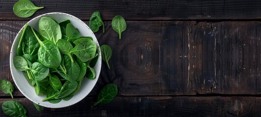 Wall Mural - spinach in a white bowl on a dark wood background. place for text. 