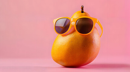 Poster - Portrait of yellow mango in sunglasses on pink background front view close-up.