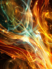 Wall Mural - Abstract Swirls of Light and Color - A vibrant, digital abstract artwork featuring swirling lines of light in various shades of gold, orange, yellow, teal, and green against a dark background. - A vib