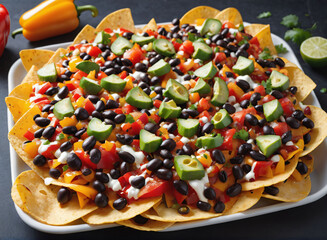 Wall Mural - A tray of bell pepper nachos topped with black beans, cheese, and salsa.