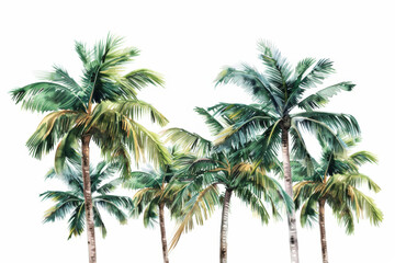 Watercolor painting of green palm trees set against a clean white background, evoking a sense of tropical paradise and tranquility