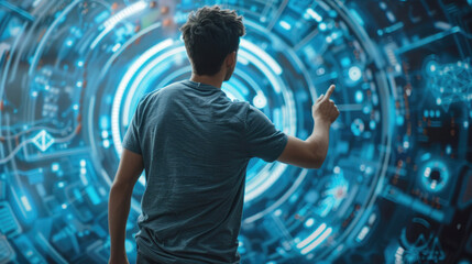 Wall Mural - A man stands in front of a large, circular, blue and black digital interface, reaching out to touch it with his index finger