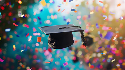 Wall Mural - Graduation cap mid air surrounded by vibrant confetti, symbolizing the celebration and joy of graduation, the festive atmosphere