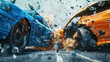 © Nhan - Car accident concept illustration with two cars crashing together - Generative AI