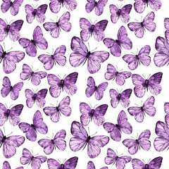 Wall Mural - Seamless pattern with watercolor purple butterflies isolated on white background.