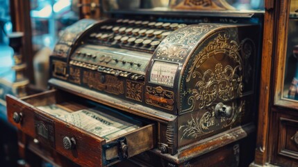 Antique Cash Register with Drawer Open.