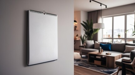 Blank white wall calendar mockup in modern living room. Perfect for promotional materials, interior design projects, and organizational themes