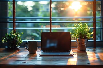 Poster - A Laptop, Coffee Mug, and Plants on a Wooden Desk With Sunlight Streaming Through Blinds