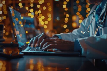 Sticker - A doctor is typing on a laptop computer in a dimly lit room