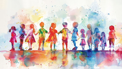 Wall Mural - A group of children are standing in a line, each wearing a backpack